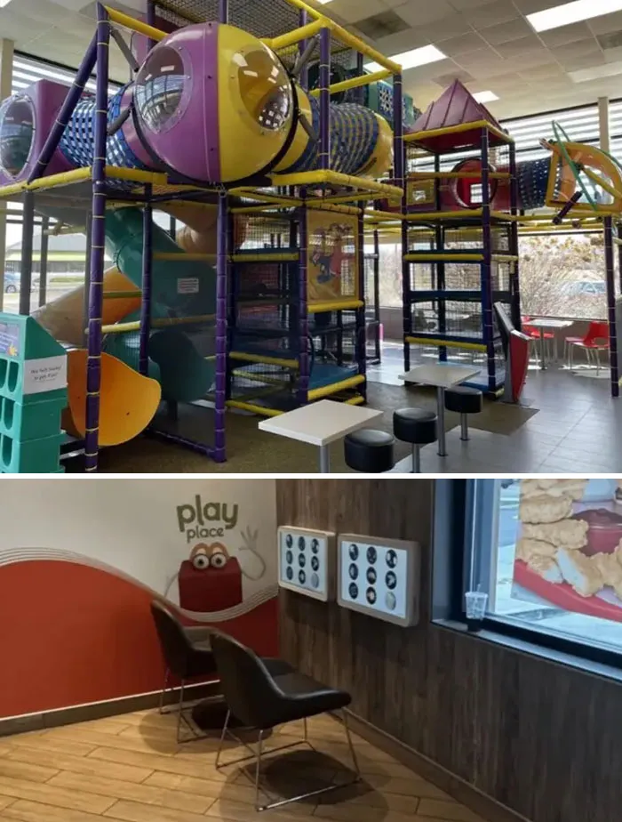 A multi-level indoor playground and a waiting area with charging stations, symbolizing a distorted American Dream.