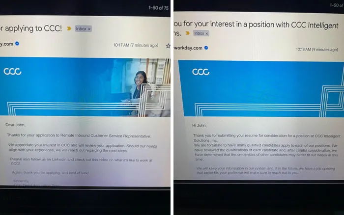 Two emails on a screen, one acknowledging a job application, the other a rejection, highlighting the American Dream's pitfalls.