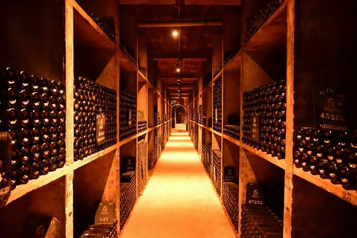 An underground wine cellar filled with stored wine bottles, representing contested assets in a split