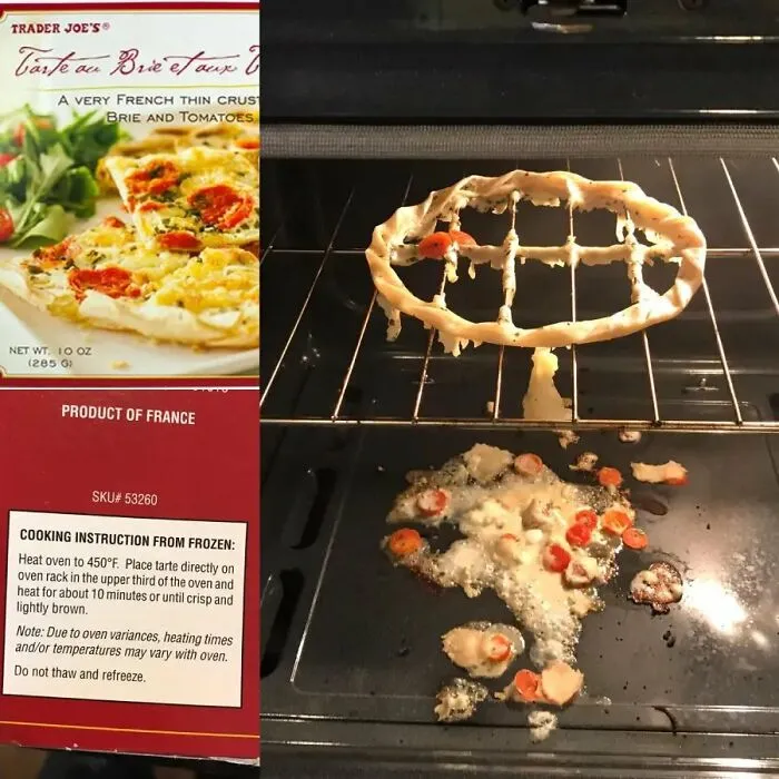 Failed brie and tomato tart cooked in oven turned into mess