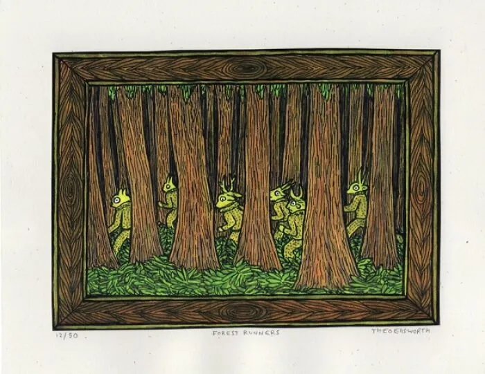 Theo Ellsworth art showing forest creatures hiding behind trees in a framed scene