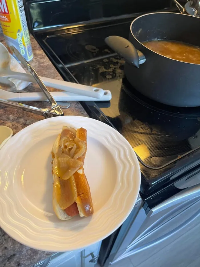Weird food combinations showing a hot dog covered in onions