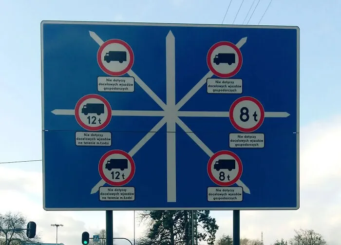 Confusing blue road sign with multiple arrows and weight limits showing a mistake from around the world.