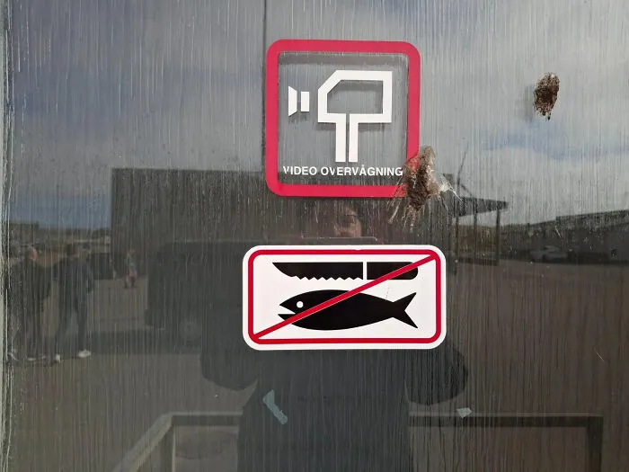 No knife and fish sticker on a glass door next to video surveillance, presenting signs with potential mistakes.