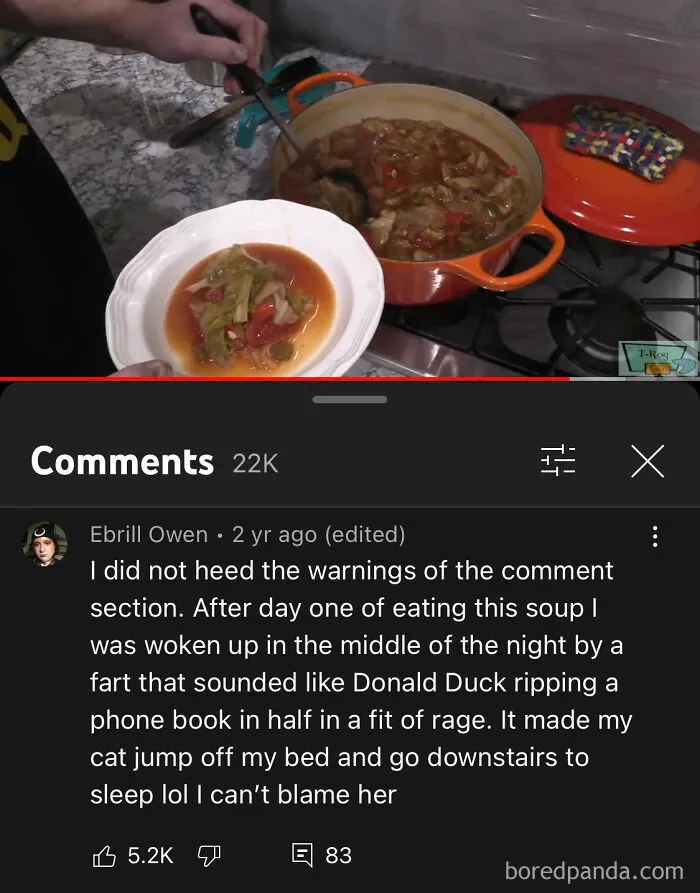 Someone serving soup from a pot, above a YouTube comment with a funny story in the comment section.