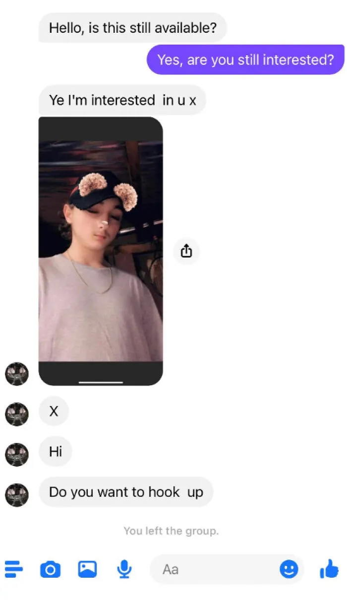 A cringy text exchange on a messaging app, featuring a person in a selfie. This is a fail, not AI Girlfriend content.