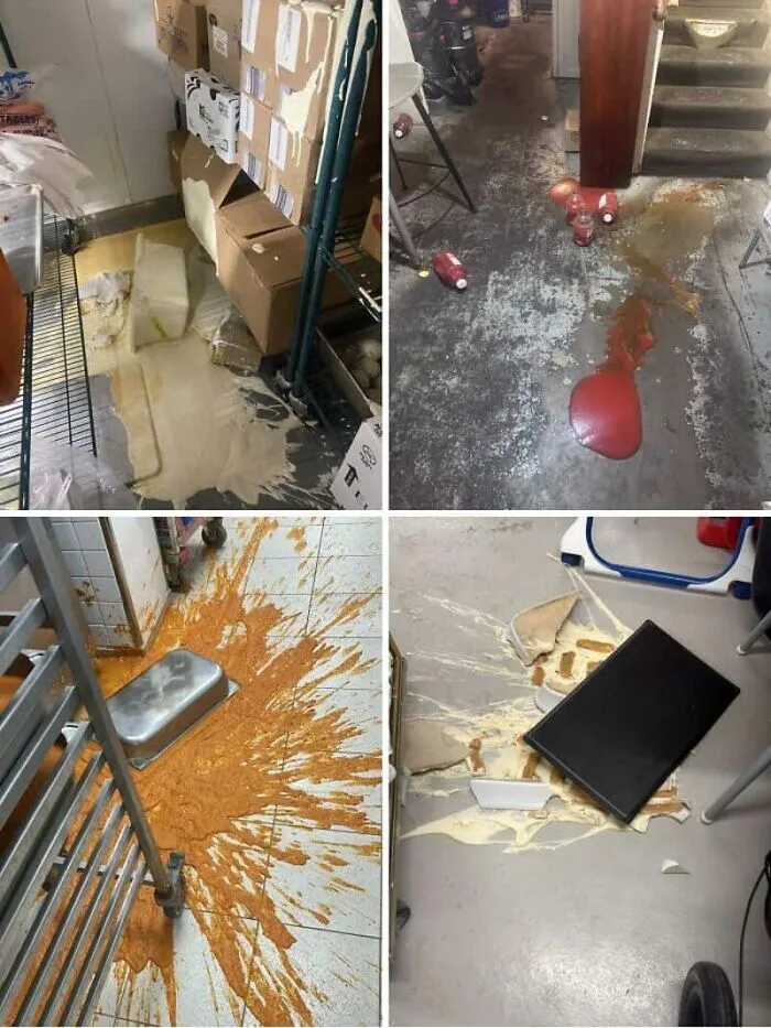 A collage of four images showing various kitchen fails with spilled food and messes on the floor.