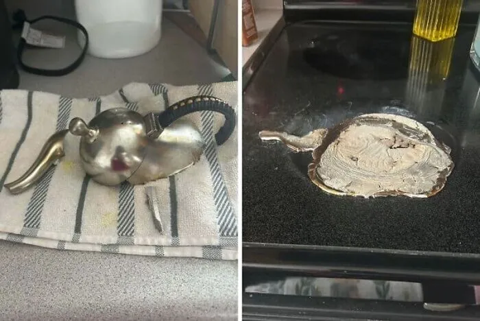 A melted teapot is shown next to its original form, a significant kitchen fail.