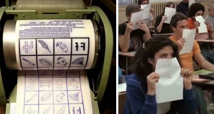 Vintage school test sheet and students covering faces in classroom