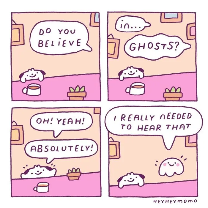 A comic of tiny best friends Momo and Forg discussing if they believe in ghosts, with a ghost appearing.