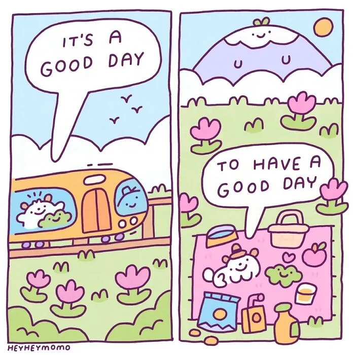 A comic of tiny best friends Momo and Forg on a train journey and enjoying a picnic on a good day.