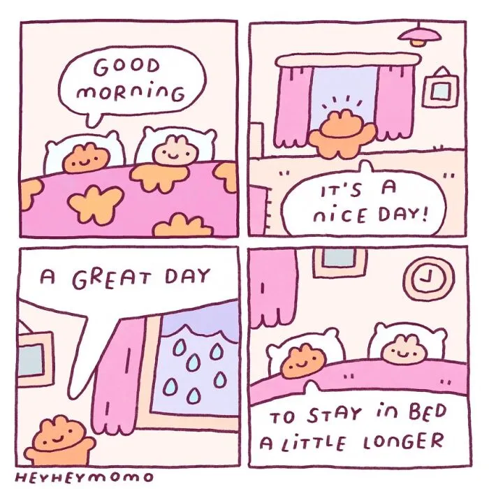 A comic of tiny best friends Momo and Forg waking up and deciding to stay in bed on a rainy morning.