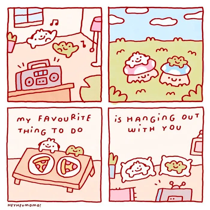 Momo and Forg, tiny best friends, enjoy music, pizza, and hanging out together, finding joy in little things.