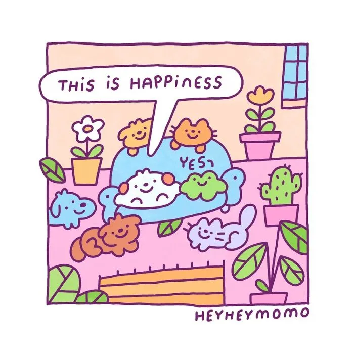 Momo and Forg, tiny best friends, surrounded by other creatures, find happiness and joy in their cozy home.
