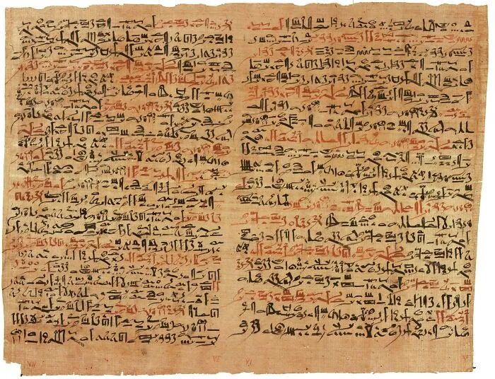 An ancient Egyptian papyrus scroll filled with hieratic script representing medical history.