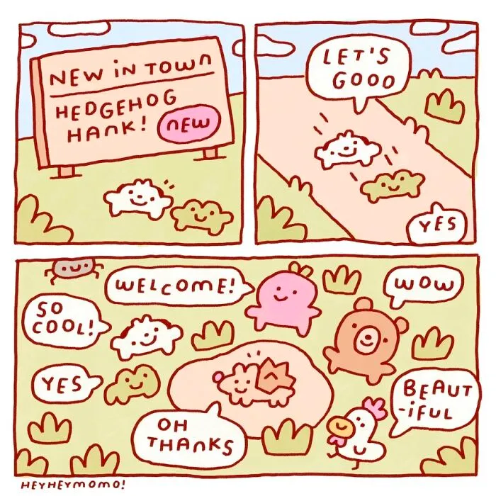 Momo and Forg, tiny best friends, welcome a new hedgehog to town, finding joy in little things.