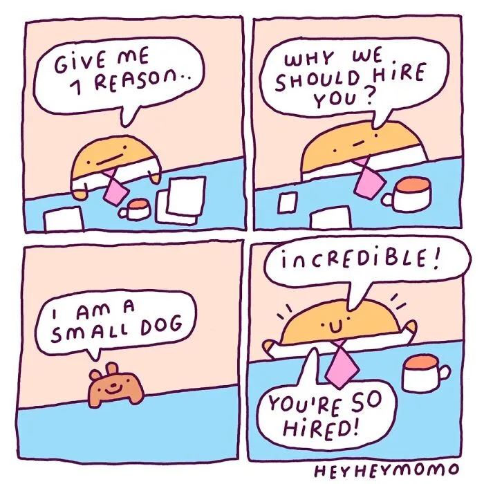 Momo and Forg comic: a small dog gets hired during an interview, highlighting friendship and joy.