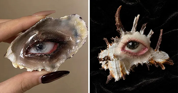 33 Natural Shells Turned Into Expressive Human-Eye Sculptures By These Artists