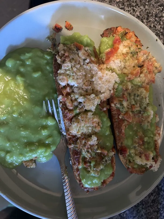 Unusual food combinations with mushy peas on garlic bread