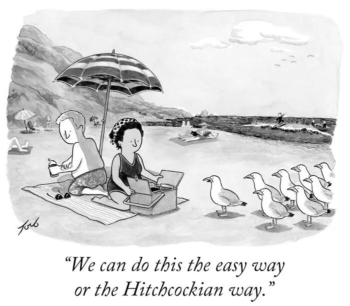 Couple at the beach with seagulls referencing Hitchcock in a clever comic
