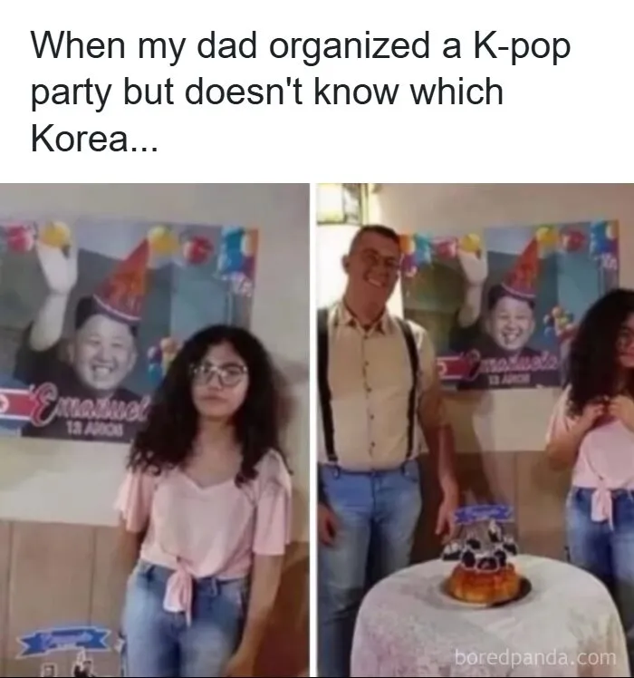 K-pop party meme showing dad's confusion about which Korea with party decorations and guests