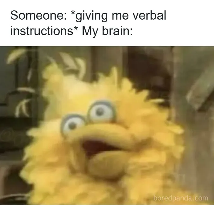 A funny ADHD meme with Big Bird looking confused when receiving verbal instructions