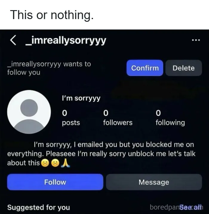 Funny memes about being a woman showing an Instagram notification of an apology from a blocked account
