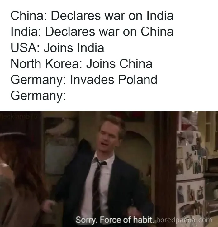 Edgy meme about countries declaring war with a man apologizing for his actions humorously