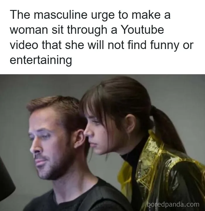 Meme depicting a man making a woman watch an unfunny YouTube video