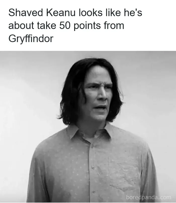 Shaved Keanu Reeves meme about taking 50 points from Gryffindor with black and white portrait