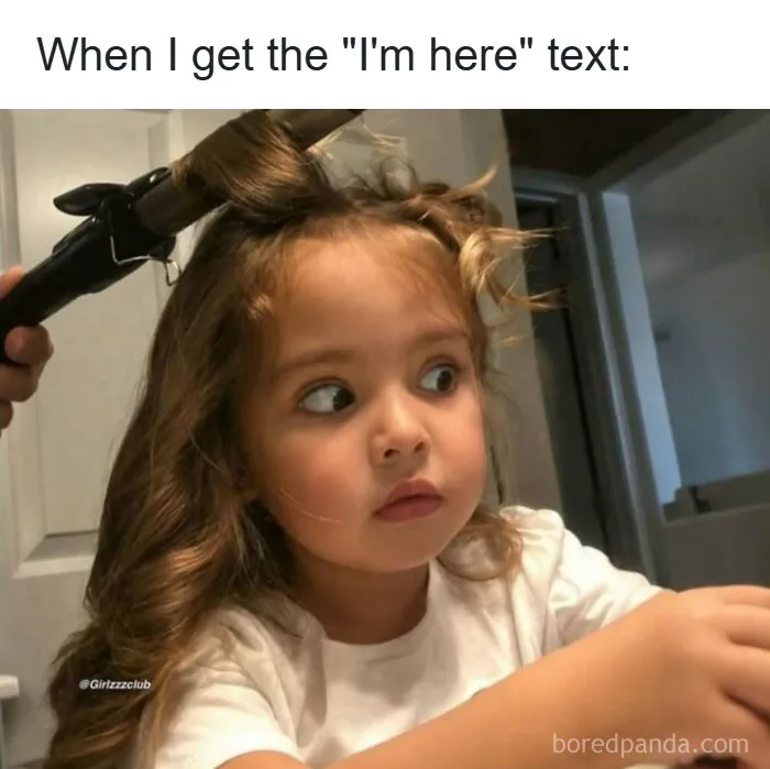 Funny memes about being a woman featuring a young girl getting her hair curled with a surprised expression