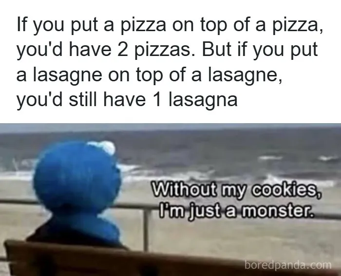 Edgy meme about pizza and lasagna with Cookie Monster looking sad on bench