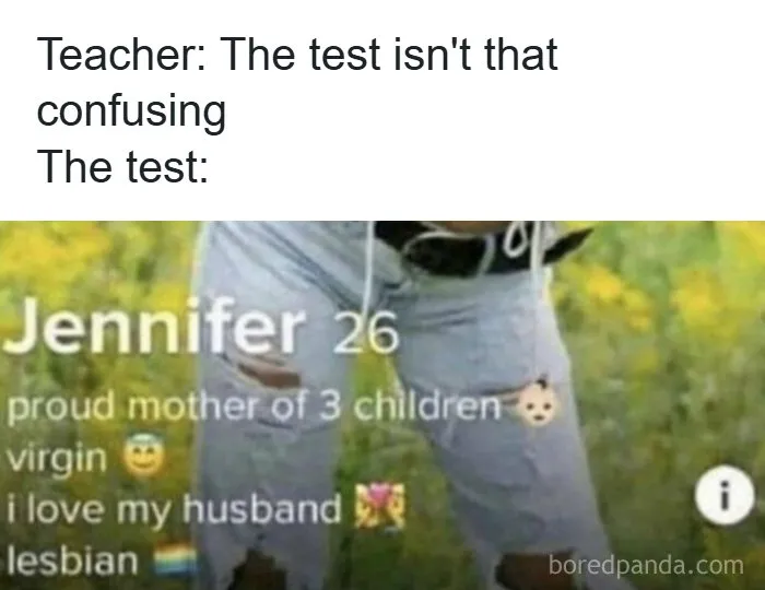 Confusing test meme featuring Tinder profile with contradictory traits
