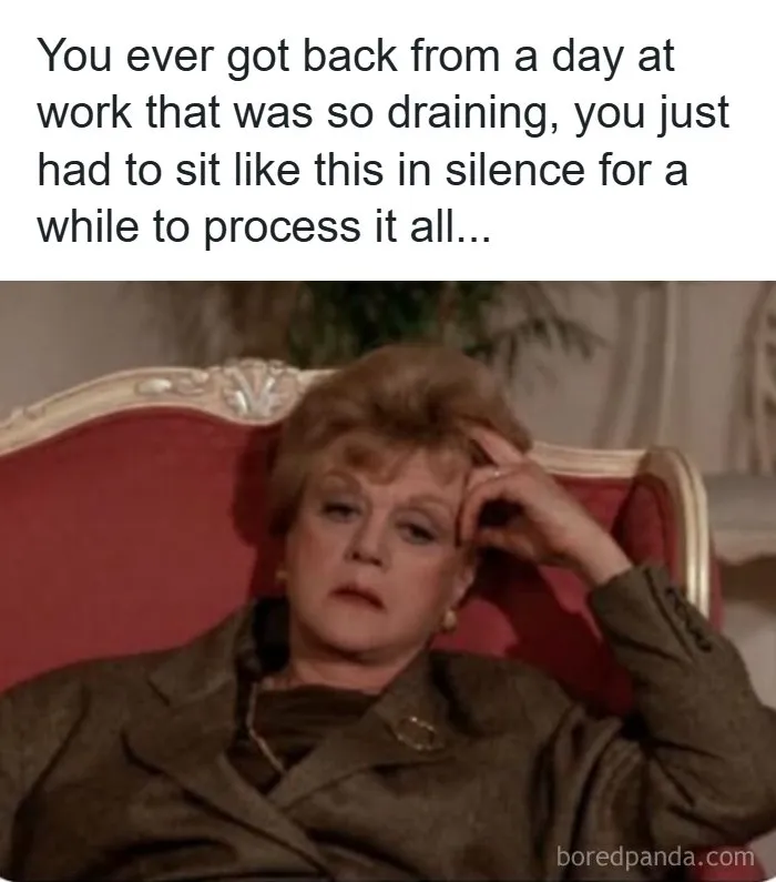 Woman sitting tired on an armchair reflecting on a draining workday meme
