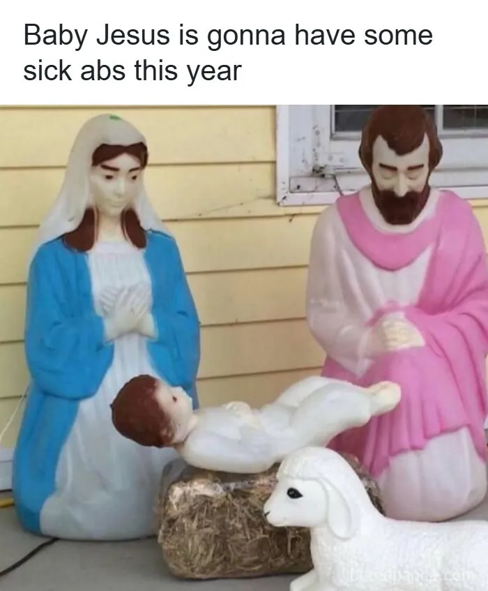 Nativity scene with Baby Jesus and text about abs, a funny relatable meme