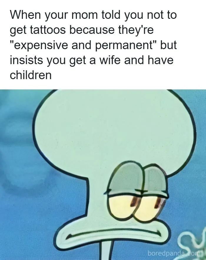Edgy meme showing Squidward with skeptical expression about tattoos.