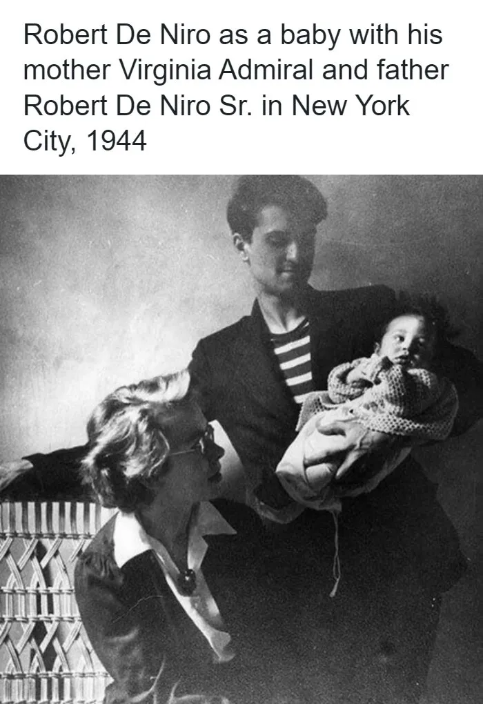 Black and white remarkable photos showing the past with a baby Robert De Niro and his parents in NYC in 1944.