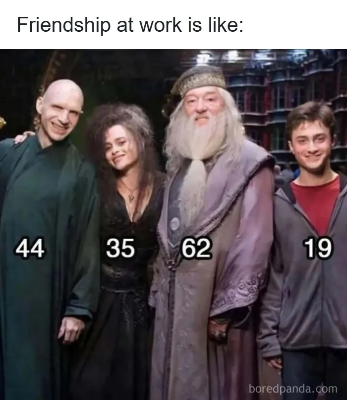 Work friendship meme with Harry Potter characters showing age differences