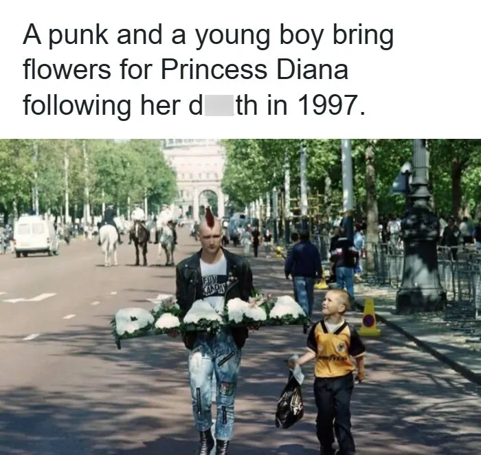 A punk and a young boy carrying flowers for Princess Diana in a remarkable photo from 1997.