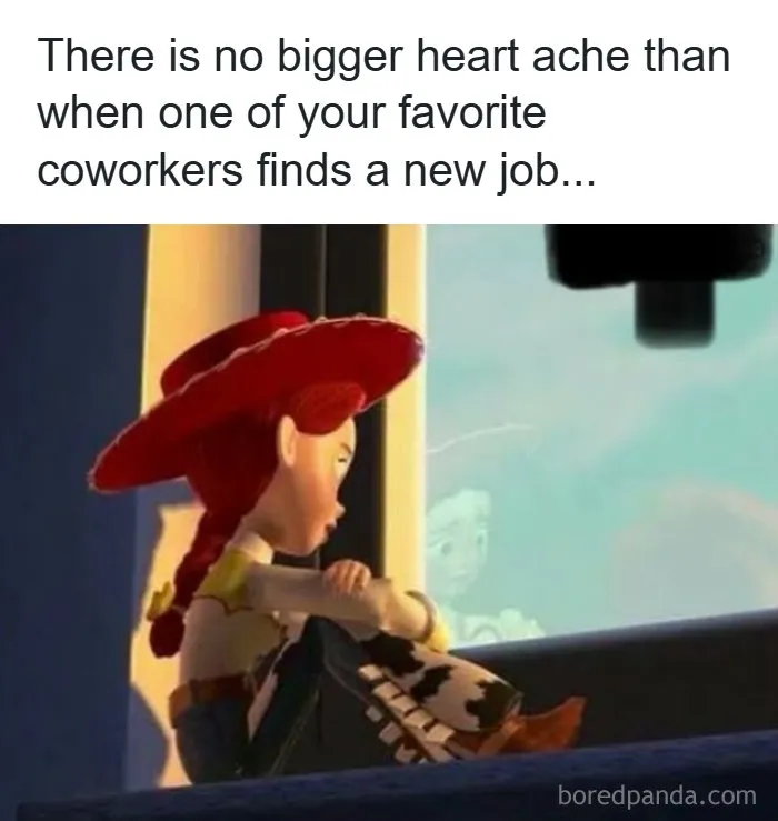 Toy cowgirl character sad about coworker finding a new job