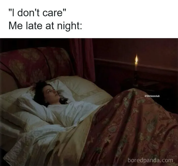 A woman lying awake in bed under a blanket, showing funny memes about being a woman overthinking late at night.
