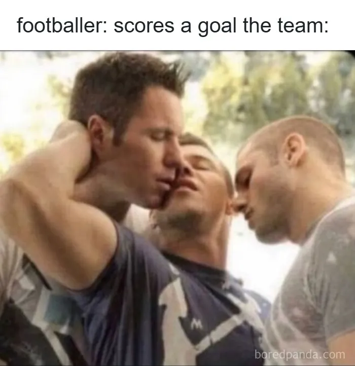 Footballer scores a goal meme showing intense team celebration