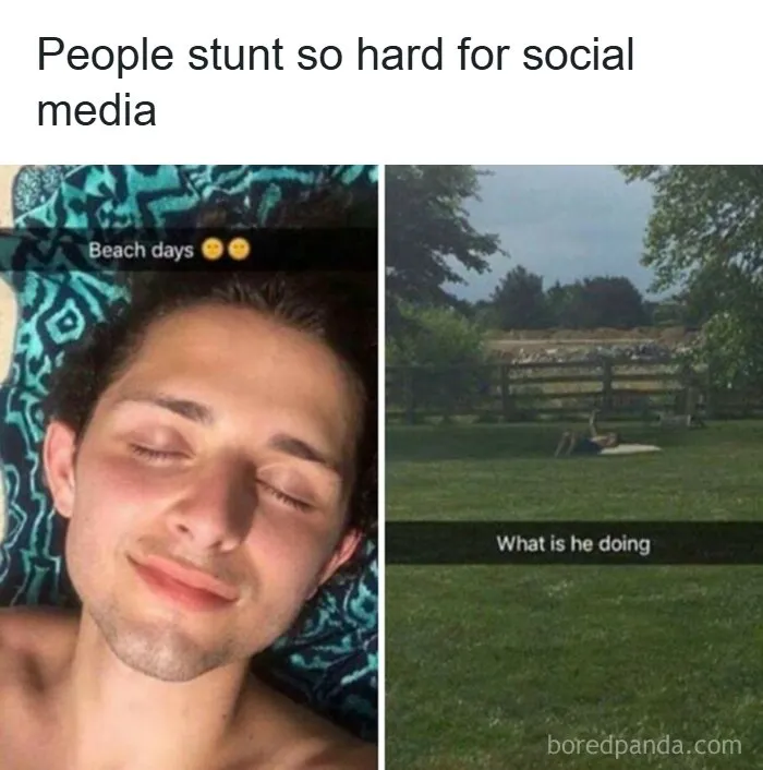 Side-by-side photo showing man pretending to sunbathe on grass for social media