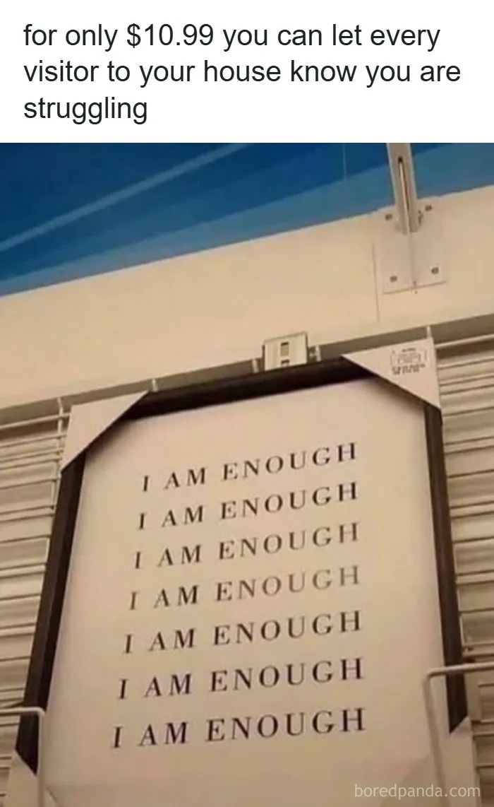 Meme showing framed sign repeating I am enough for $10.99