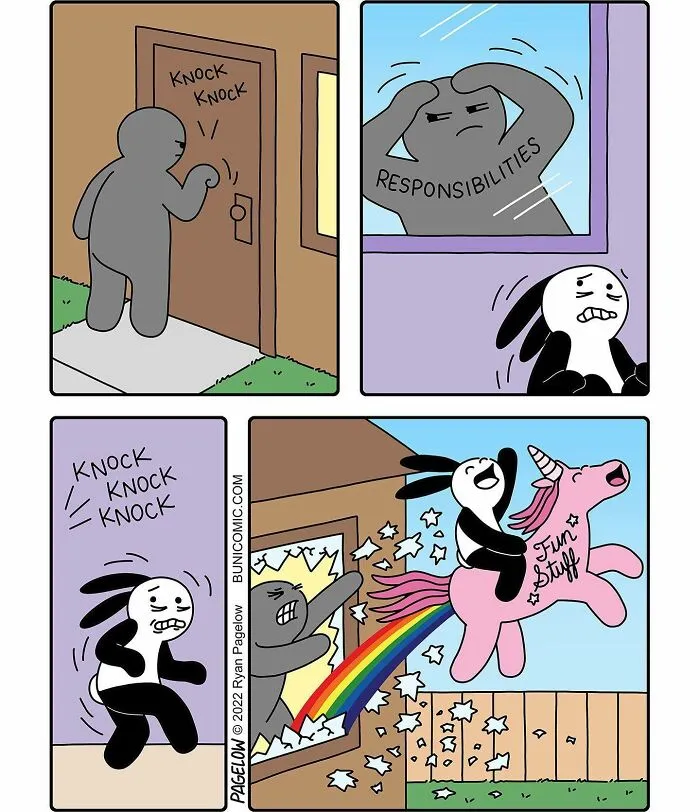 A Buni Comic panel showing a pink unicorn shooting a rainbow of fun stuff as a character escapes responsibilities.