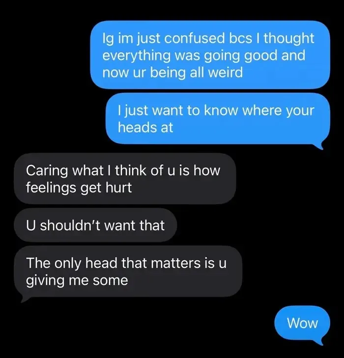 Text messages showing the sheer audacity of a man making a crude comment during a serious talk.