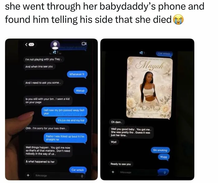Text screenshots showing the sheer audacity some men bring by lying that their baby mama died.