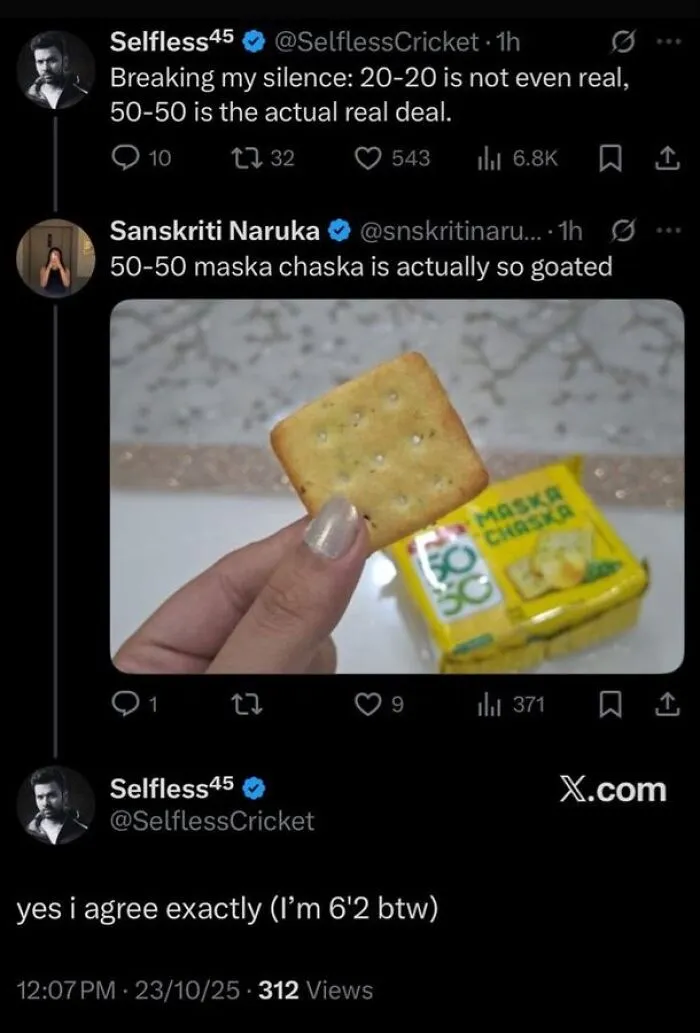 Social media post discussing 50-50 maska chaska with a photo of a hand holding a cracker