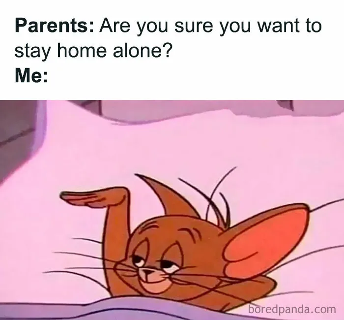 A funny meme for introverts showing Jerry Mouse smugly resting in bed to stay home alone.