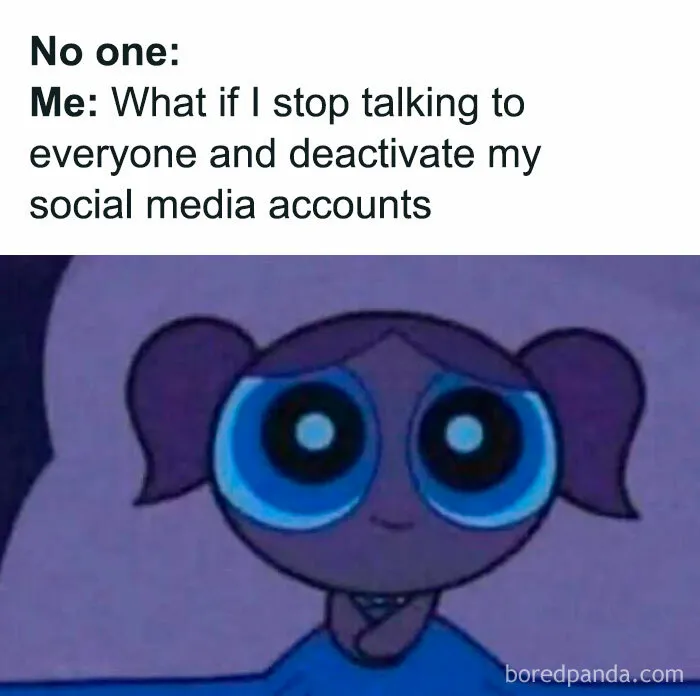 Powerpuff Girl lying awake thinking of deactivating social media, representing relatable memes for introverts.
